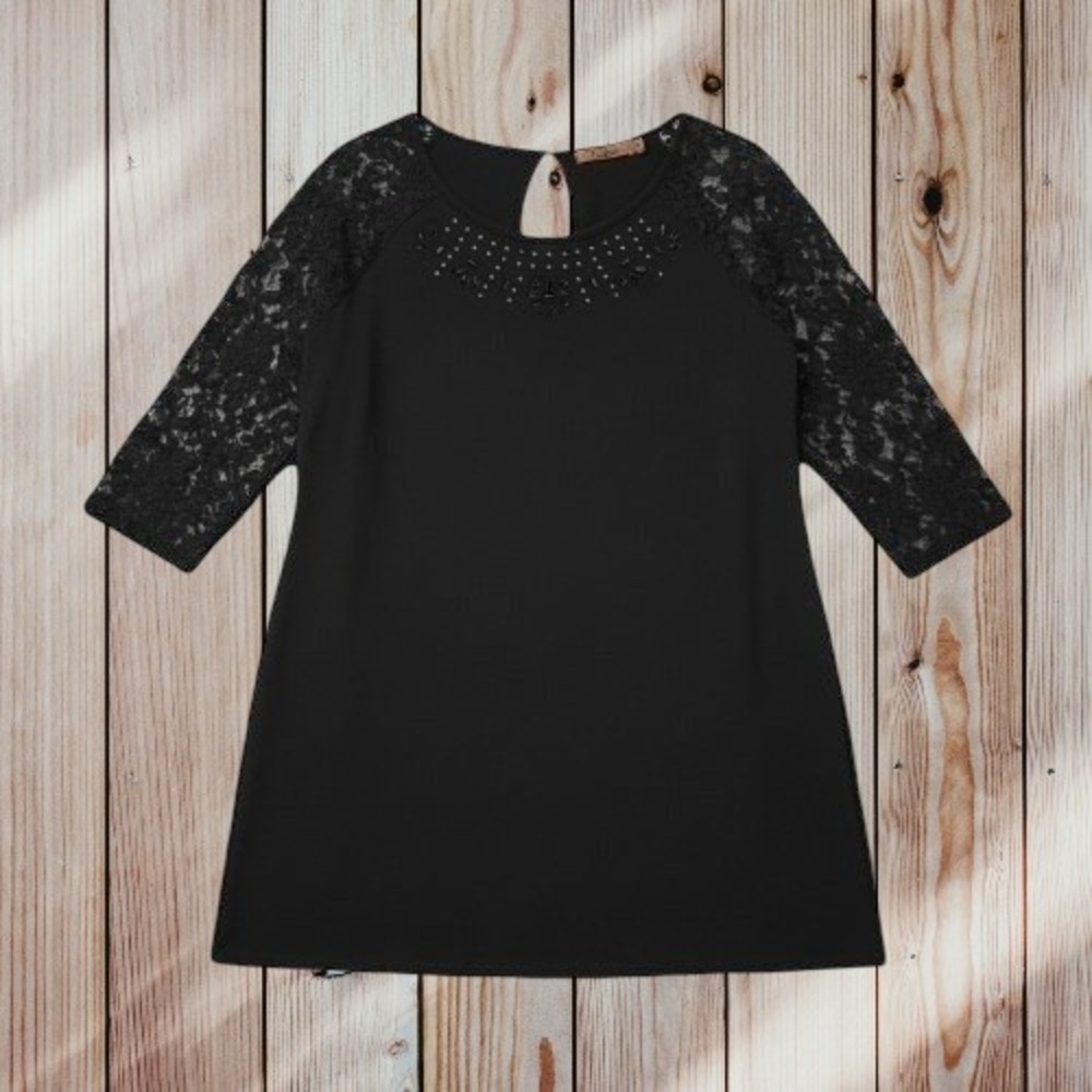 Belldini Lace 3/4 Sleeve Rhinestone Top Womens 1X